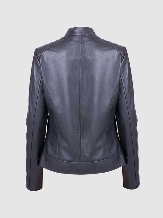 Front view of a tailored black leather jacket for women, showcasing the clean full-zip, silver hardware, and horizontal ribbing on the shoulder panels.