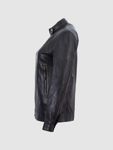 Front view of a black leather jacket for women, showing the classic fold-down collar, silver zippers, and a unique flap pocket detail.
