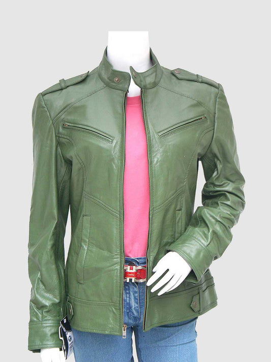 Women's Olive Green Leather Moto Jacket with shoulder epaulets, a stand collar, and zippered chest pockets.