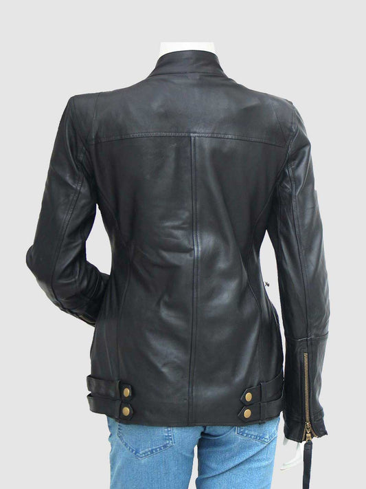 Women's Black Leather Biker Jacket with an asymmetrical zip, wide lapels, and antique brass hardware accents.