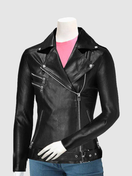 Front view of a tailored black leather moto jacket for women, showing the waist belt, three horizontal zip pockets, and high-shine silver hardware.