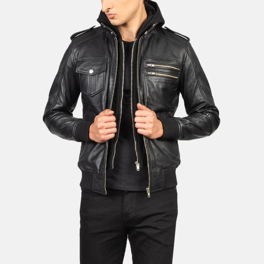 Front view of a man modeling an open tan/cognac leather jacket, highlighting the four flap pockets and high-neck snap collar.