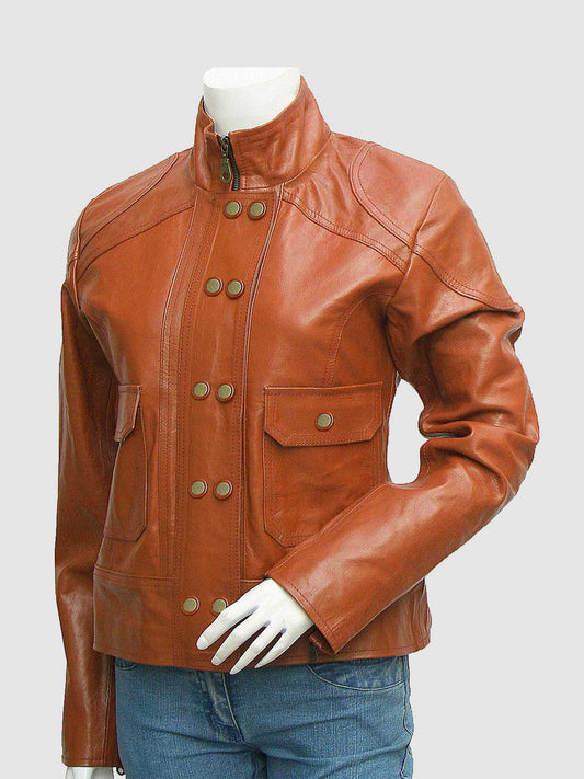 Women's Dark Brown Leather Blazer with notched lapels, two-button front, and patch flap pockets.