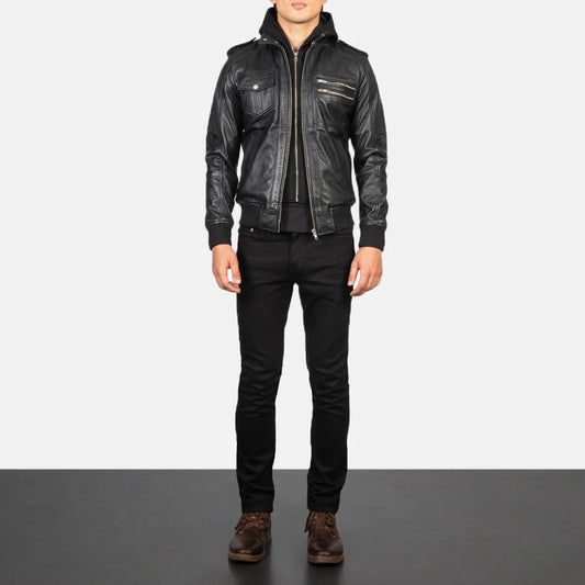 Men's Voltex tan leather field jacket. Features a four-pocket design and snap-button stand collar.