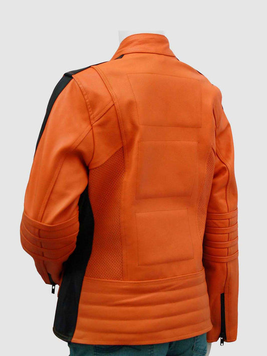 Close-up of a vibrant orange leather moto jacket for women, showcasing black racing stripes on the arms and quilted ribbing on the cuffs.