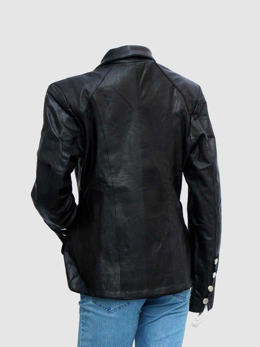 Front profile of a black leather coat with wide lapels and eight large silver buttons running down the front in a double-breasted pattern.