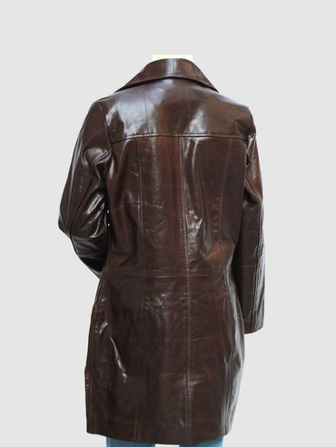 Women's Glossy Chestnut Brown Leather Car Coat with a single-breasted button front and notched lapel collar.