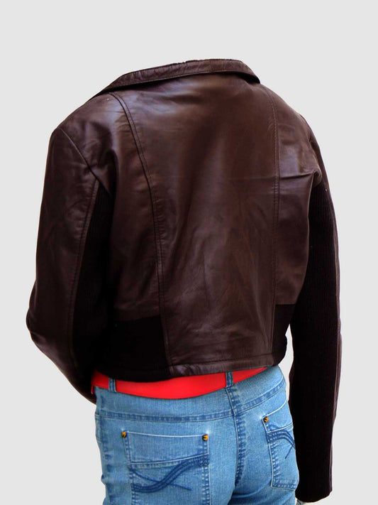 Women's Cropped Brown Leather Jacket with a large, fluffy white sherpa collar and a central front closure.