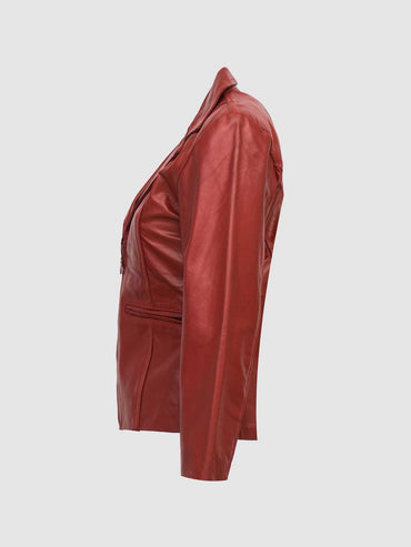 Front view of a tailored red leather jacket for women, showing the pointed collar, zippered pockets, and dark interior lining.