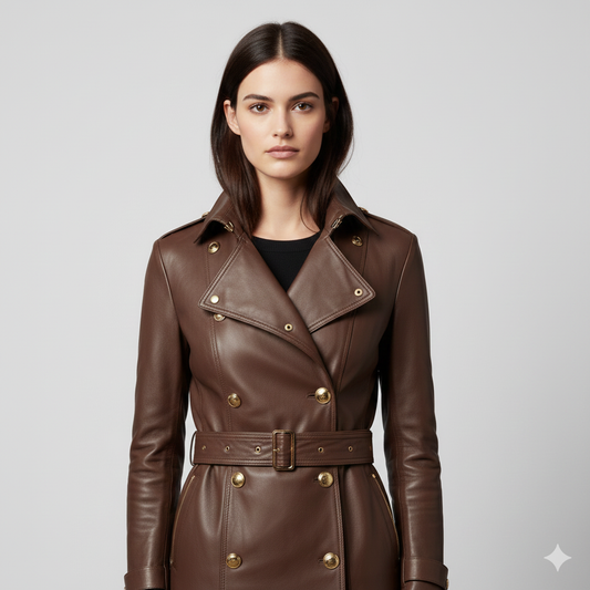 Midi-length brown leather coat for women featuring shoulder epaulettes, notched lapels, and a tailored waist.