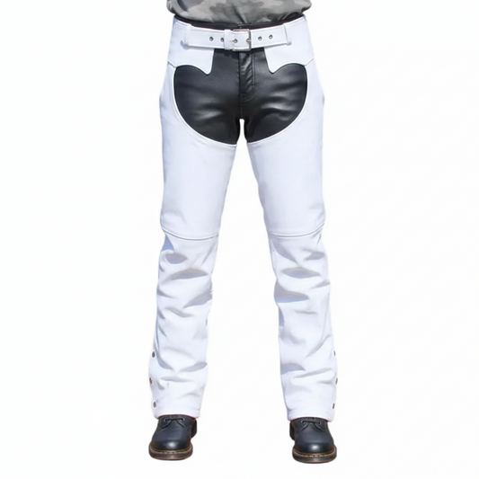 Men's alabaster white and onyx black dual-tone leather performance chaps with adjustable buckled waist.