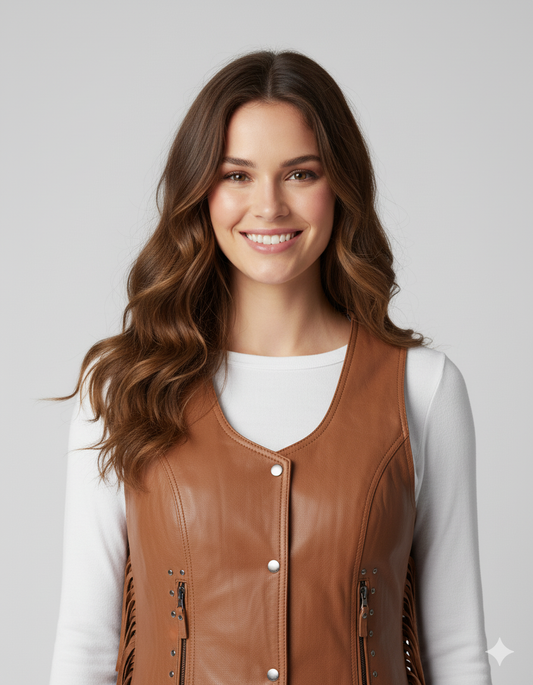 Brown leather vest layered over a white top, styled with light wash jeans and suede brown ankle boots.