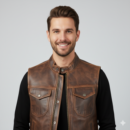 Close-up front view of a man wearing a brown distressed leather vest over a black long-sleeve shirt.