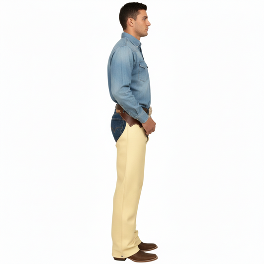 Close-up of the smooth light-colored grain leather and reinforced tonal seaming on professional performance chaps.