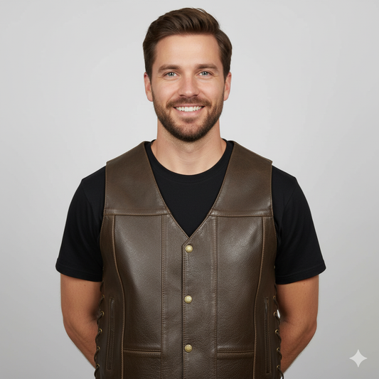 Men's brown leather double-breasted vest with brass buttons and a stand collar.