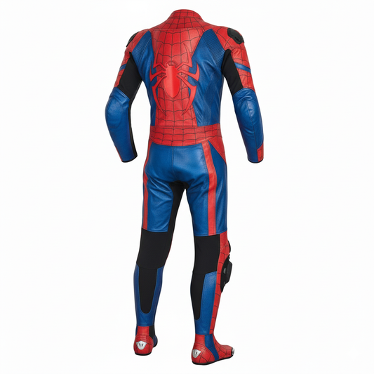 Full-body red and blue leather motorcycle racing gear featuring black protective panels, a spider emblem, and a mandarin collar.