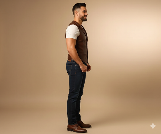 Full body shot of a man wearing a tailored brown leather dress vest with a V-neck and small front pockets.