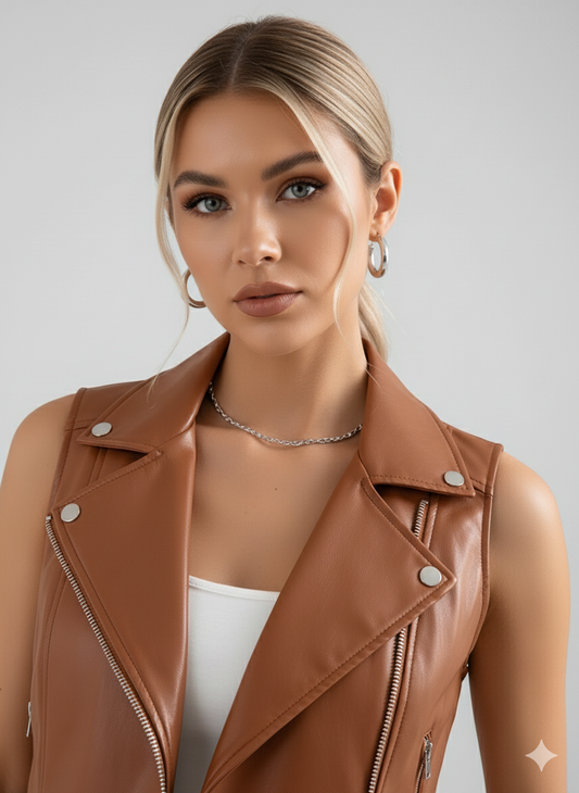 Close-up of a woman wearing a rich brown moto vest over a white crop top and denim shorts with fringe detail.