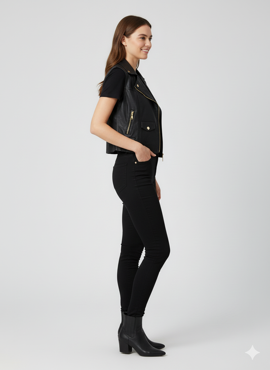 Woman wearing a black cropped biker vest over a black t-shirt, paired with black skinny jeans and black ankle boots.
