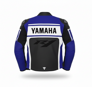 Detailed view of the Yamaha chest branding, R1 collar logo, and external hard-shell shoulder on a tri-color racing jacket.