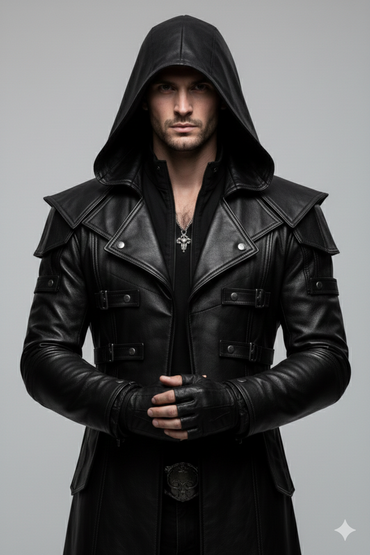 Longline black leather trench coat for men featuring an integrated hood, chest buckles, and reinforced shoulders.