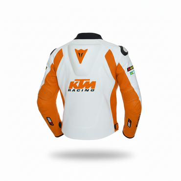 Detailed view of the KTM Racing chest branding, external shoulder sliders, and technical perforated leather on a professional racing jacket.