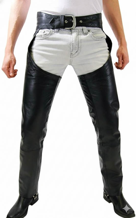Men's onyx black leather performance chaps with a diamond-quilted yoke and adjustable metallic buckle.