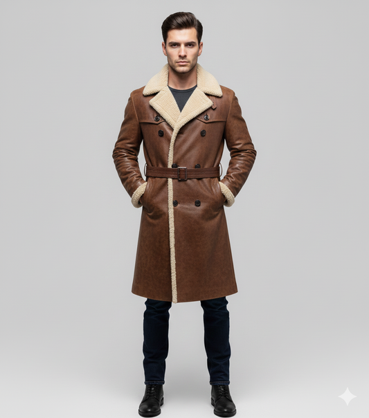 Men's brown leather trench coat with cream shearling lining and a double-breasted front.