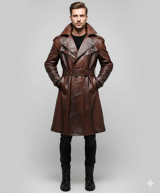 Men's mahogany distressed brown leather trench coat with double-breasted buttons and a belted waist.