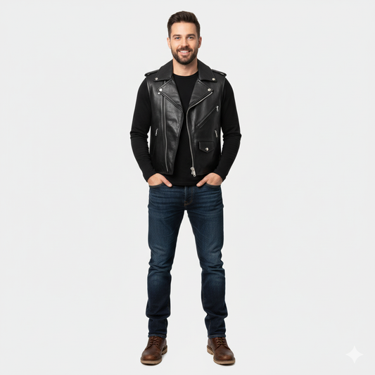 Full body shot of a man wearing a black leather moto vest over a black t-shirt and blue jeans.