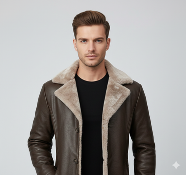 Longline mahogany winter overcoat for men featuring a belted waist and plush cream fur collar and cuffs.