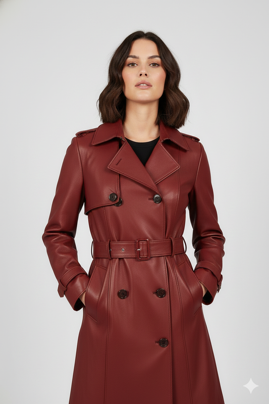 Midi-length wine-colored leather jacket for women featuring shoulder epaulettes and buckled cuffs.