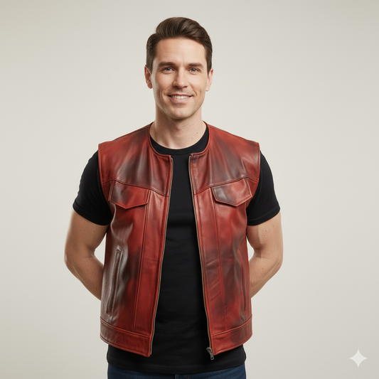 Close-up showing the rich burgundy color and the silver-tone zippers and snaps on the red leather vest.