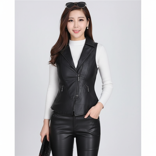 Women's black leather utility vest with a collar, button-front, and two flap chest pockets.