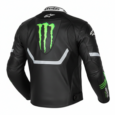 Detailed view of the neon green Kawasaki graphics, external hard-shell shoulder sliders, and professional leather construction.
