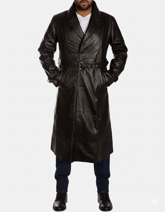Men's onyx black leather full-length trench coat with a double-breasted button front and buckled waist belt.