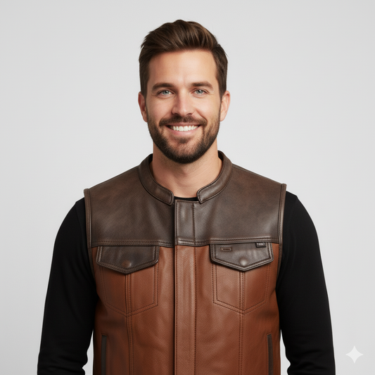 Close-up of the smooth brown leather exterior and the thick, soft natural color sheepskin shearling.