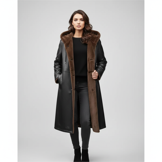 Women's black leather longline parka with a brown shearling-lined hood and interior.