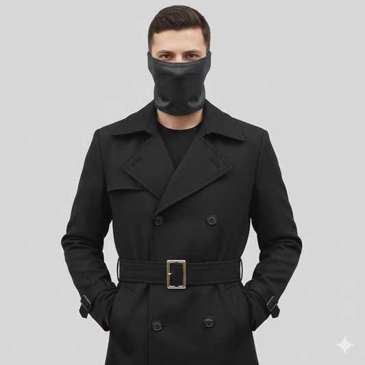 Longline black leather overcoat for men featuring oversized notch lapels and buckled wrist straps for a tailored fit.