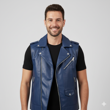 Full-length image of a man wearing a bright blue leather motorcycle-style vest over a black t-shirt and black jeans.