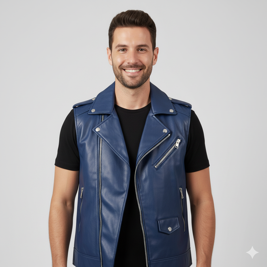 Full-length image of a man wearing a bright blue leather motorcycle-style vest over a black t-shirt and black jeans.