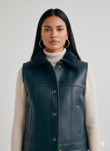 Full-length photo of a woman wearing a fitted navy vest over a cream turtleneck and medium-wash straight-leg jeans.