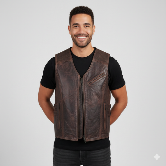 Full-length photo of a man wearing a dark brown distressed leather vest over a black t-shirt and dark gray jeans.