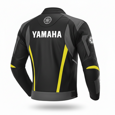 Detailed view of the Yamaha chest wordmark, tuning fork shoulder logos, and technical perforated leather on a black racing jacket.