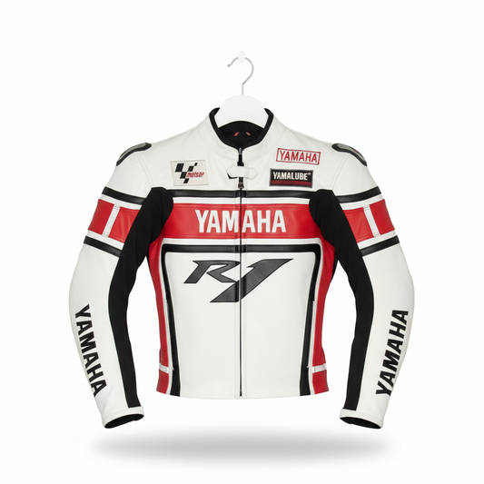 Yamaha R1 white, red, and black leather motorcycle racing jacket with integrated armor and team branding.