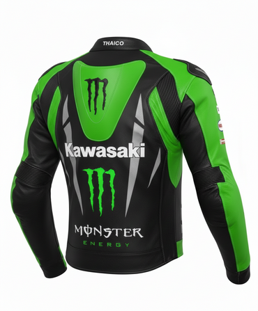 Detailed view of the Kawasaki chest logo, sponsor patches, and perforated leather construction on a professional racing jacket.