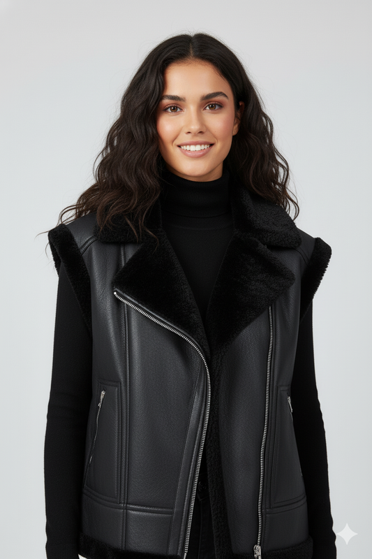 Monochromatic black moto vest with plush shearling on the collar, shoulders, and hem for a cozy winter look.