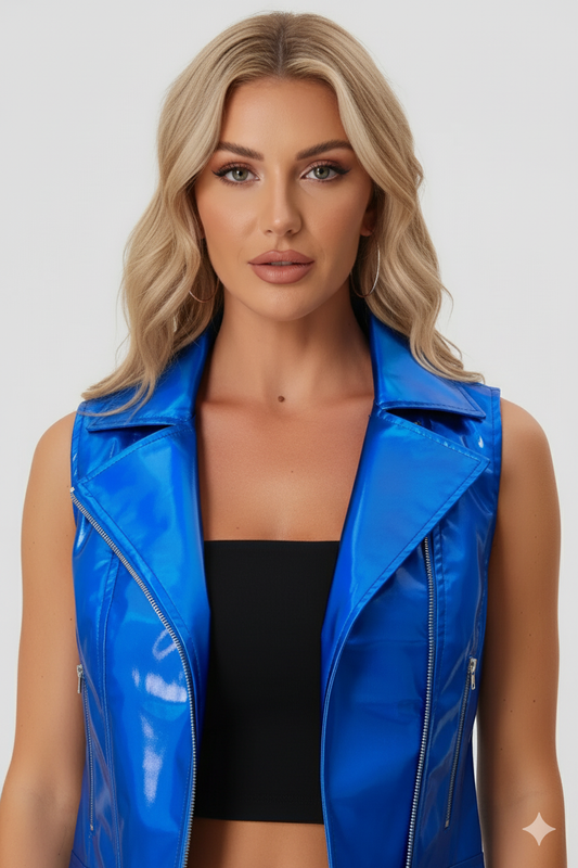 Close-up photo of a woman wearing a cropped electric blue patent leather vest over a black tube top and black leather-look pants