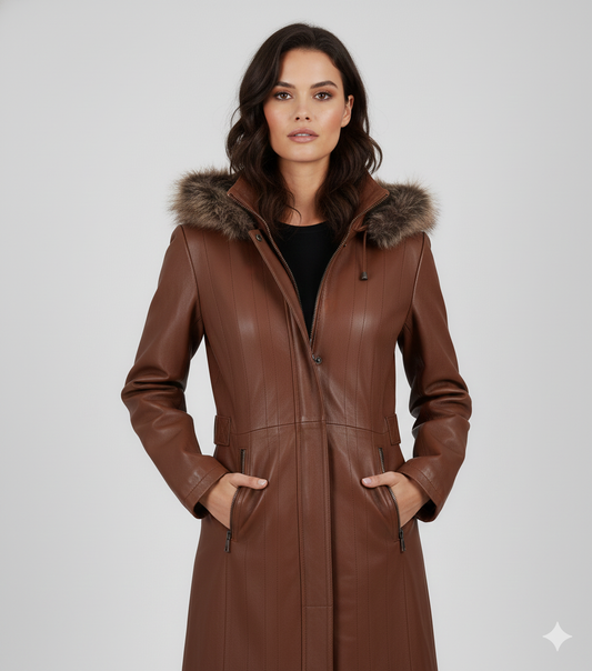 Longline brown leather parka for women featuring vertical panel stitching and a plush fur hood.