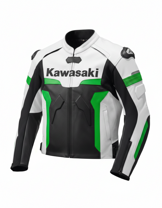 Kawasaki black, green, and white leather motorcycle racing jacket with bold logos and integrated armor.